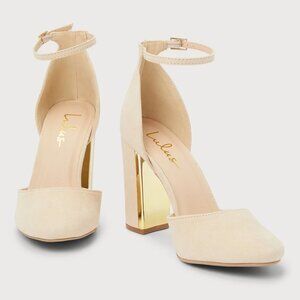 Nude Suede Ankle Strap Heel With Gold Accent  - S 6.5